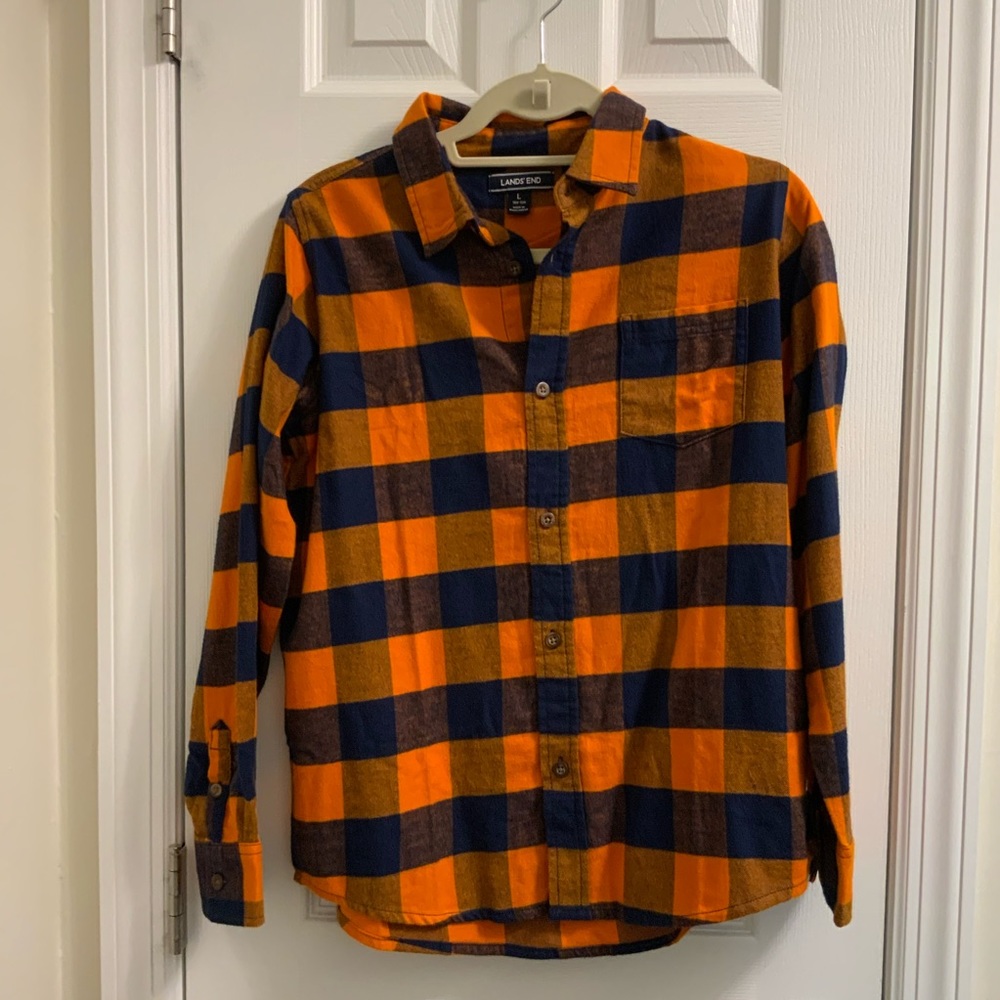 Boys orange/blue plaid long-sleeve button down